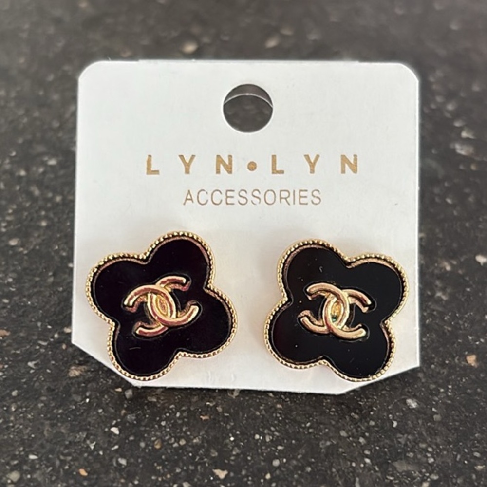 Gold and Opal White LV Gucci Logo Earrings - designer bling - Picture 3 of 14